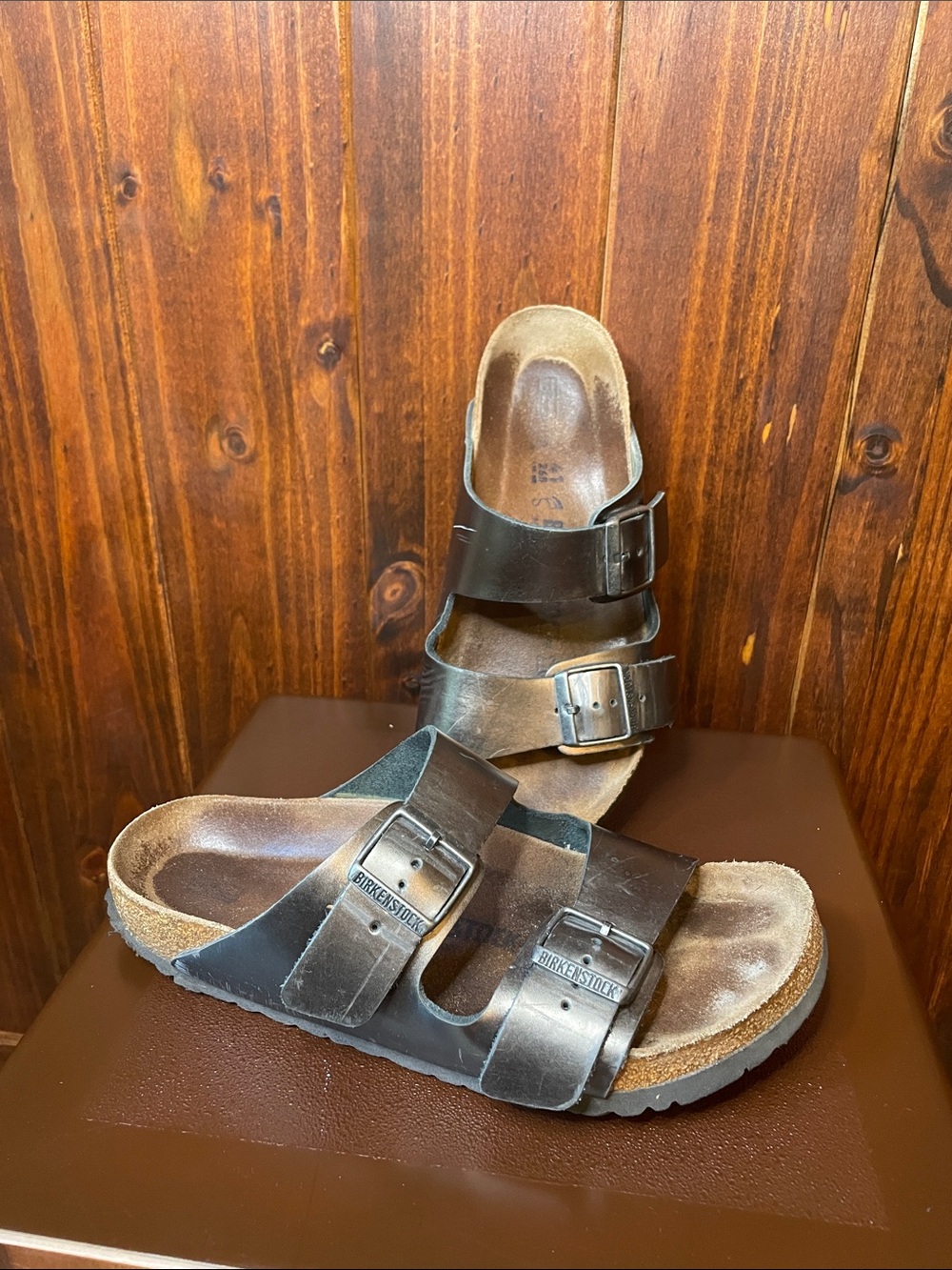 Birkenstock Oiled Metallic Leather Arizona Double-Strap Sandals Sz41/10-10.5